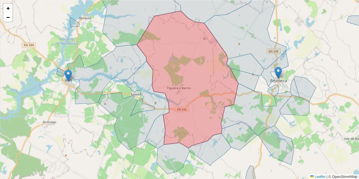 Mapa detalhado do código postal 7480-351 com limites, códigos postais vizinhos e agências dos correios