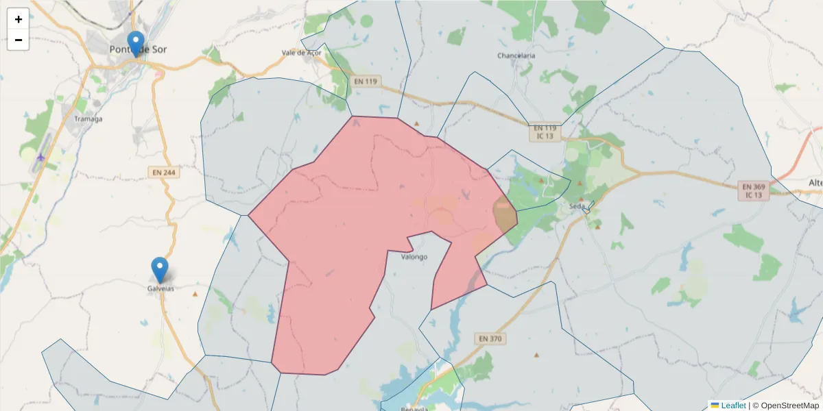 Mapa detalhado do código postal 7480-391 com limites, códigos postais vizinhos e agências dos correios