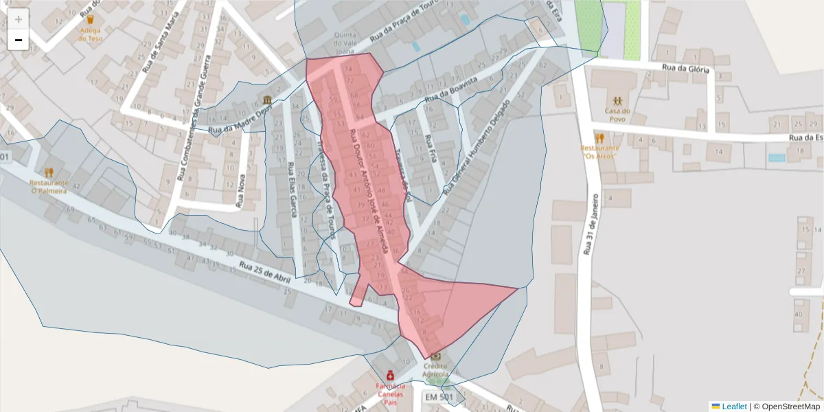 Mapa detalhado do código postal 7490-068 com limites, códigos postais vizinhos e agências dos correios