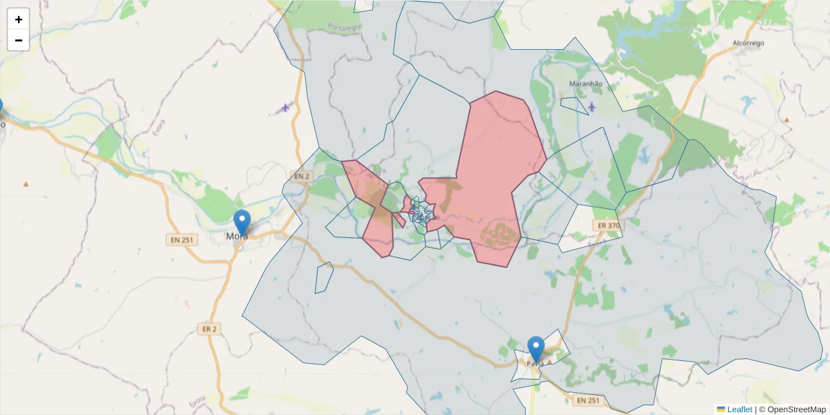 Mapa detalhado do código postal 7490-072 com limites, códigos postais vizinhos e agências dos correios