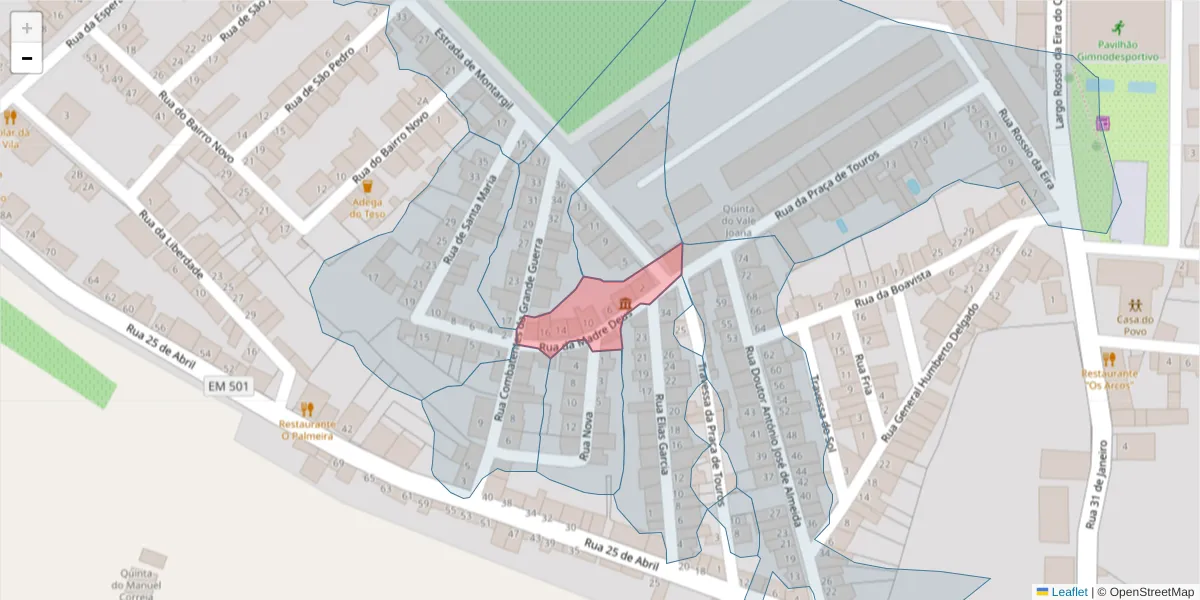 Mapa detalhado do código postal 7490-077 com limites, códigos postais vizinhos e agências dos correios