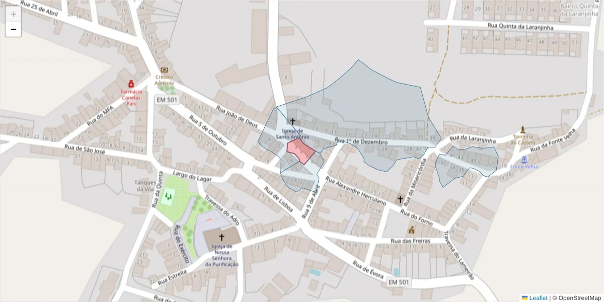 Mapa detalhado do código postal 7490-084 com limites, códigos postais vizinhos e agências dos correios