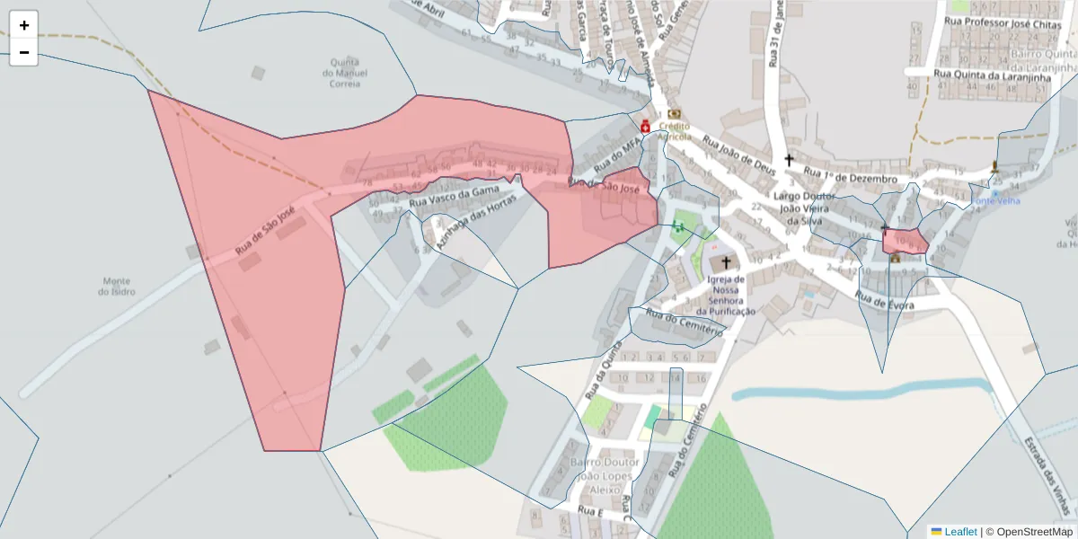 Mapa detalhado do código postal 7490-086 com limites, códigos postais vizinhos e agências dos correios