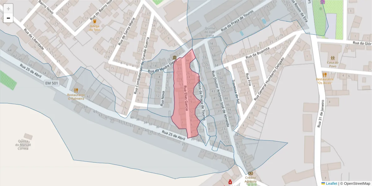 Mapa detalhado do código postal 7490-095 com limites, códigos postais vizinhos e agências dos correios