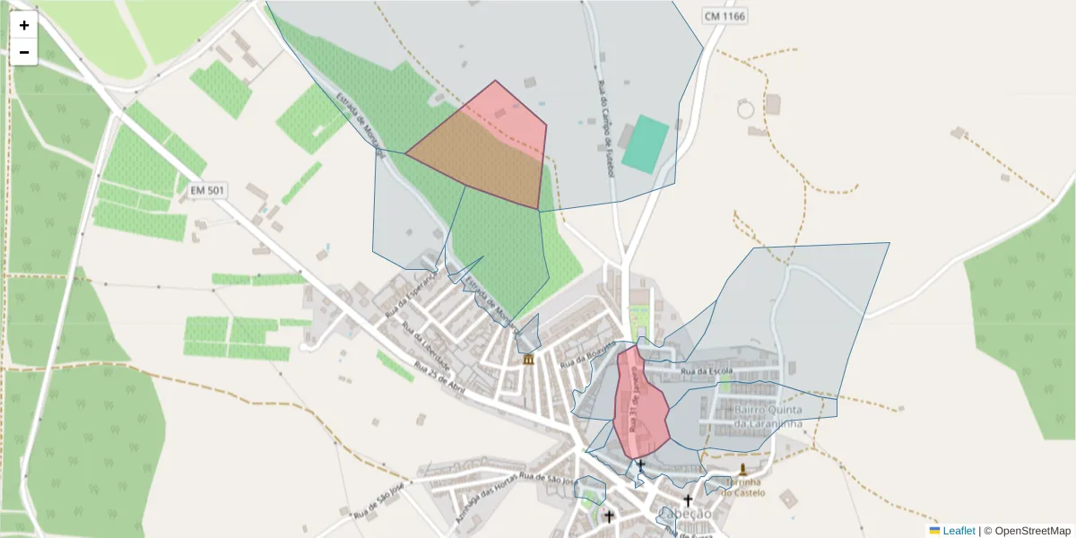 Mapa detalhado do código postal 7490-105 com limites, códigos postais vizinhos e agências dos correios