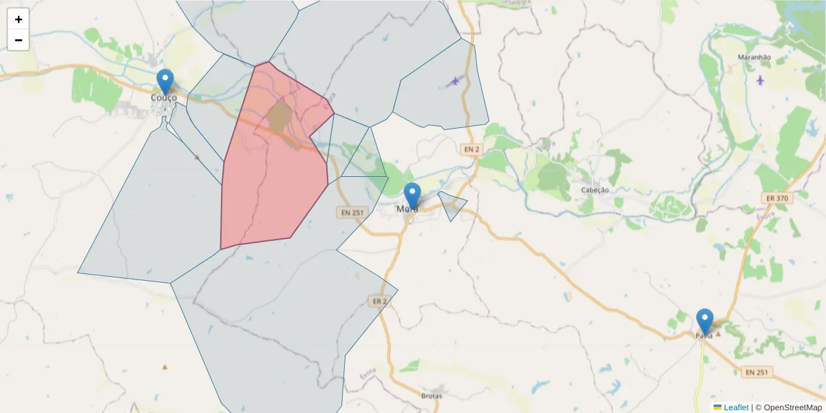 Mapa detalhado do código postal 7490-217 com limites, códigos postais vizinhos e agências dos correios
