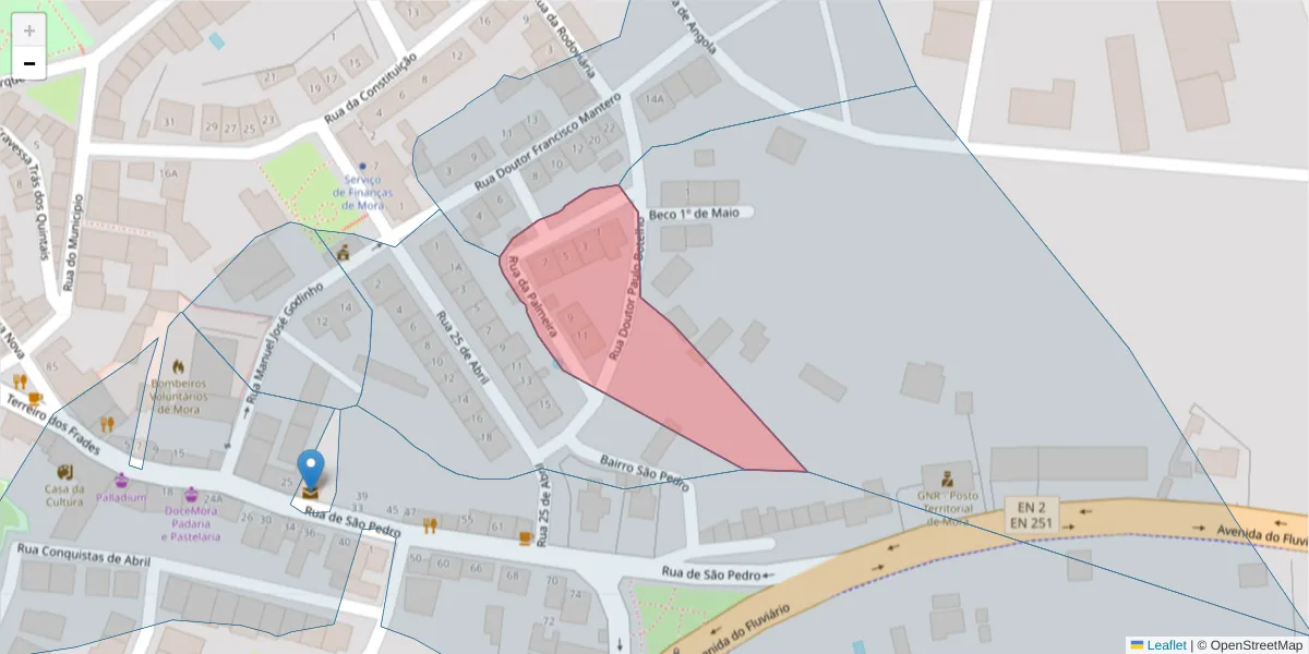 Mapa detalhado do código postal 7490-228 com limites, códigos postais vizinhos e agências dos correios