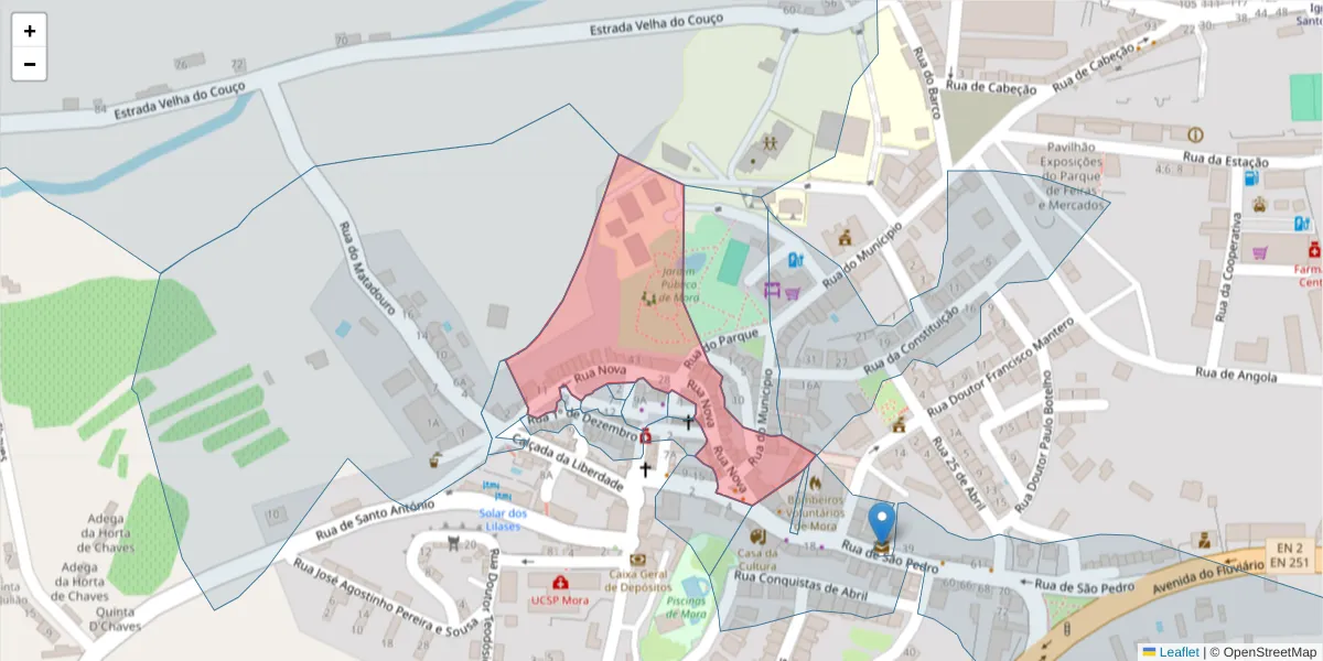 Mapa detalhado do código postal 7490-250 com limites, códigos postais vizinhos e agências dos correios