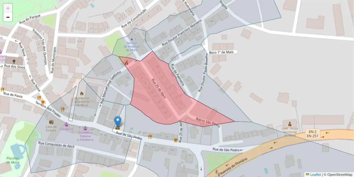 Mapa detalhado do código postal 7490-253 com limites, códigos postais vizinhos e agências dos correios