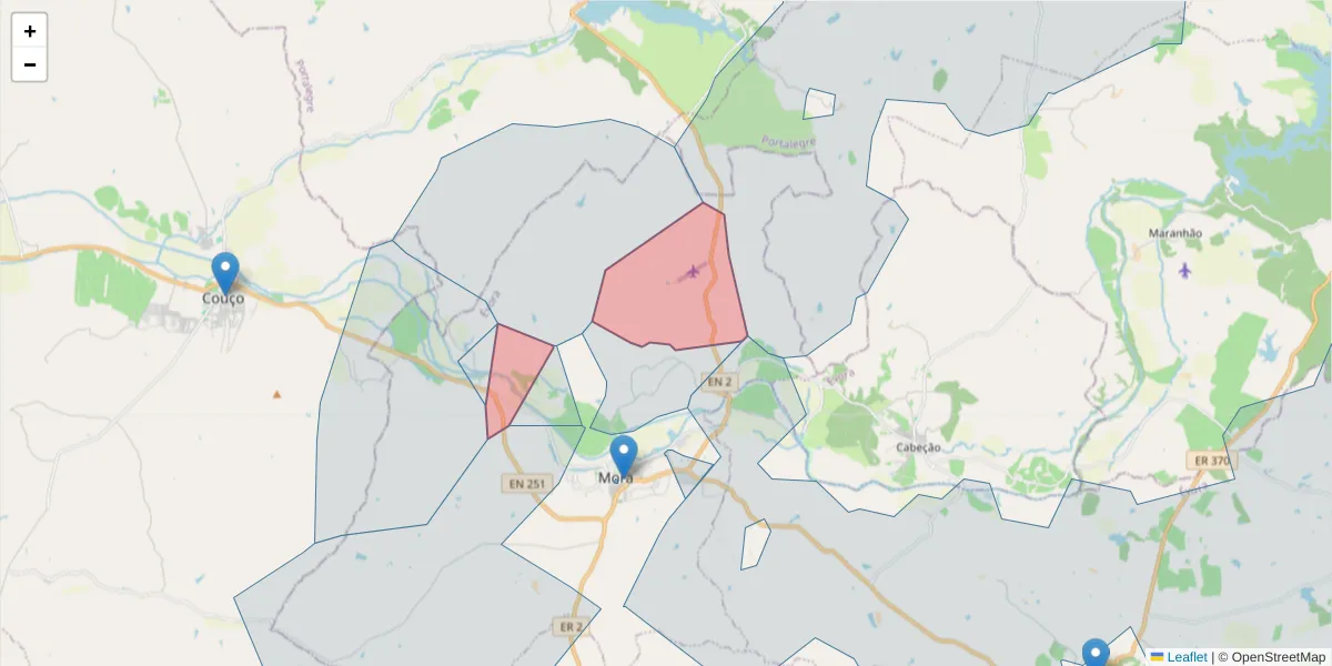 Mapa detalhado do código postal 7490-320 com limites, códigos postais vizinhos e agências dos correios