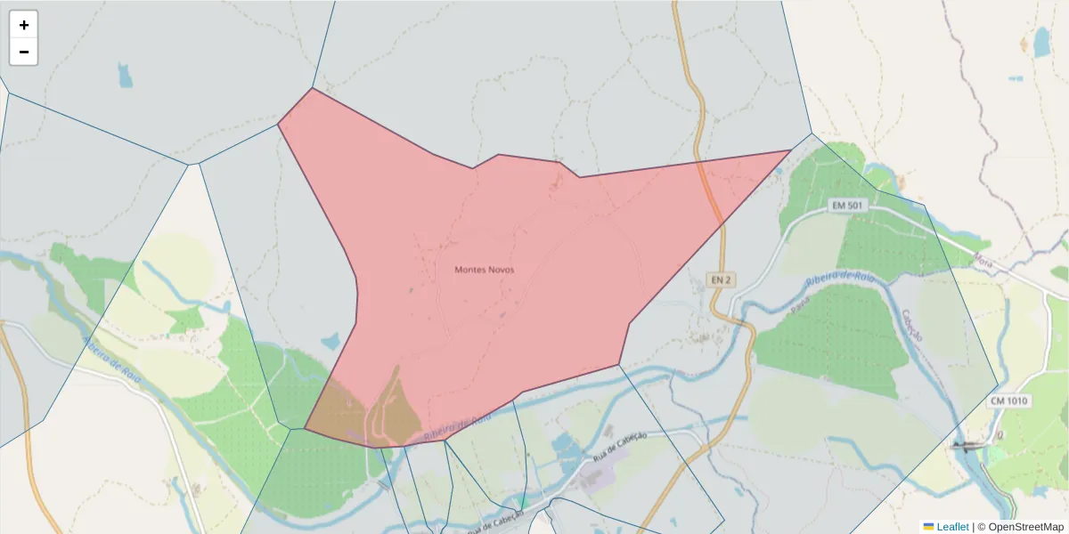 Mapa detalhado do código postal 7490-321 com limites, códigos postais vizinhos e agências dos correios