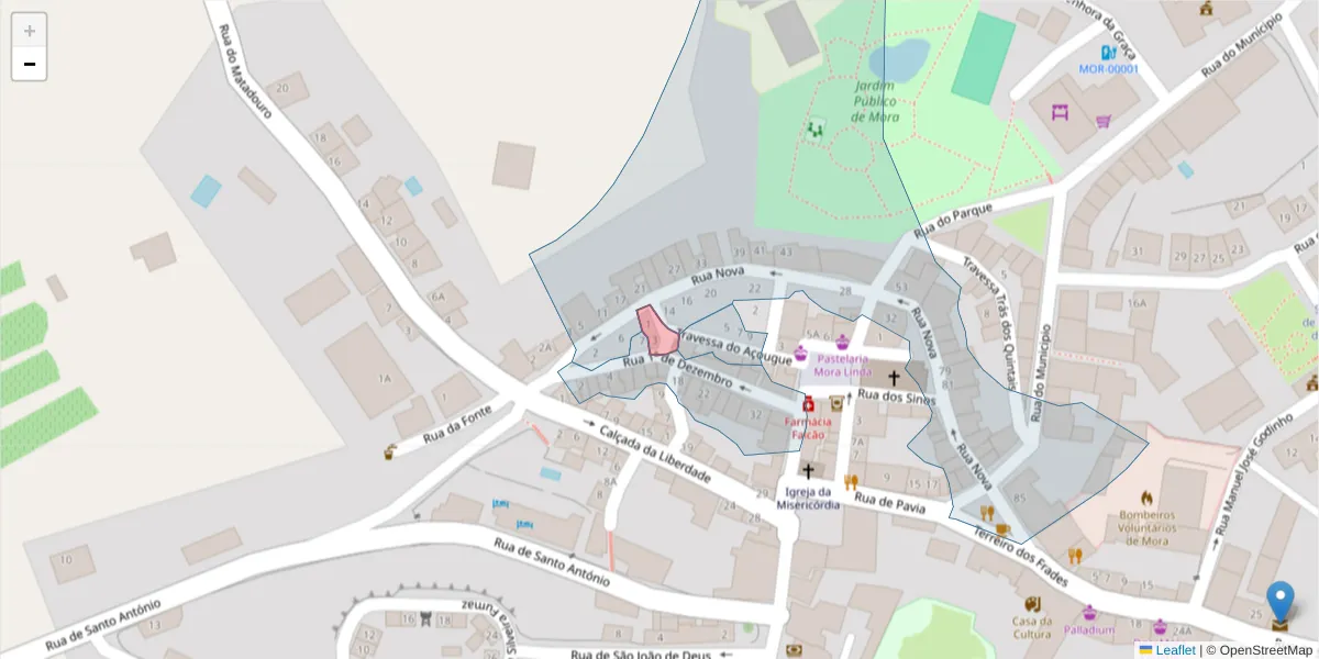 Mapa detalhado do código postal 7490-327 com limites, códigos postais vizinhos e agências dos correios