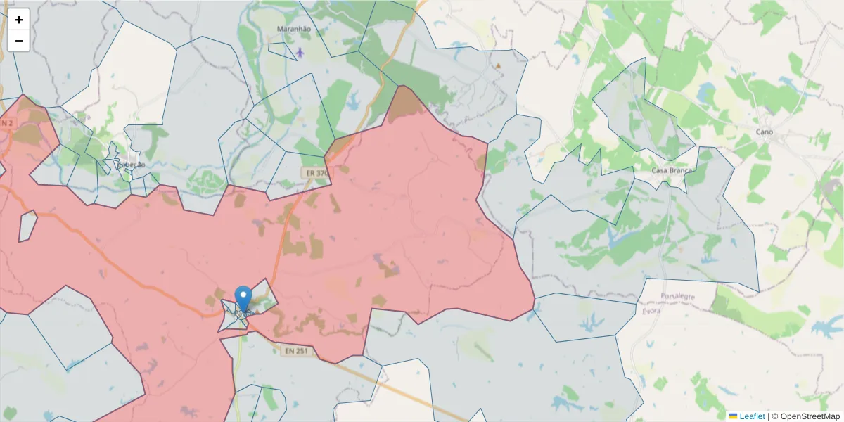 Mapa detalhado do código postal 7490-406 com limites, códigos postais vizinhos e agências dos correios