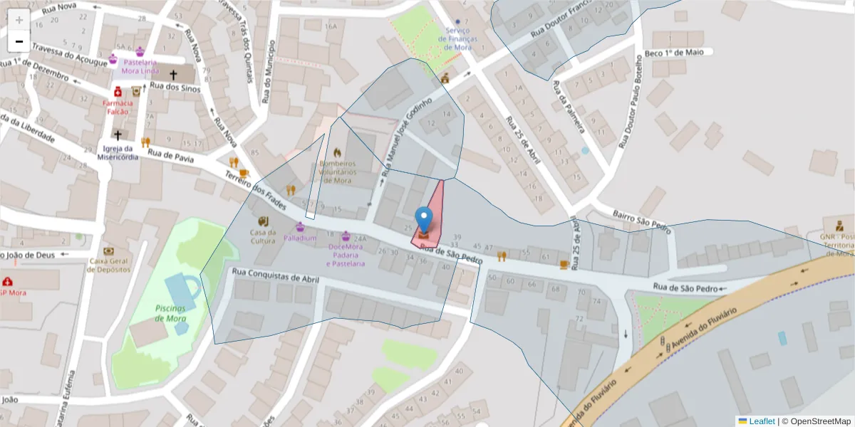 Mapa detalhado do código postal 7490-998 com limites, códigos postais vizinhos e agências dos correios