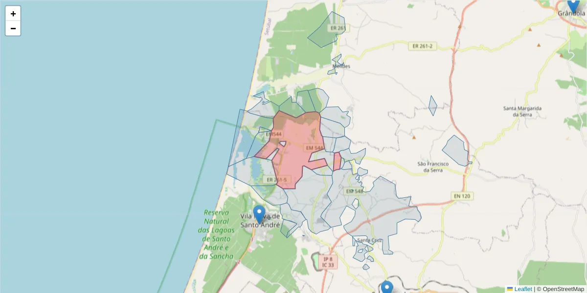 Mapa detalhado do código postal 7500-014 com limites, códigos postais vizinhos e agências dos correios