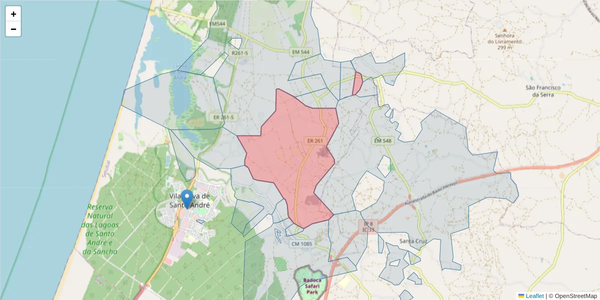 Mapa detalhado do código postal 7500-018 com limites, códigos postais vizinhos e agências dos correios