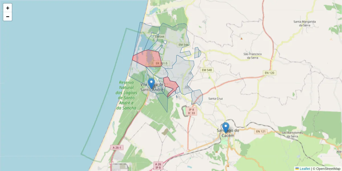 Mapa detalhado do código postal 7500-023 com limites, códigos postais vizinhos e agências dos correios