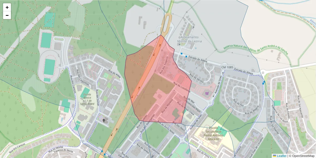 Mapa detalhado do código postal 7500-065 com limites, códigos postais vizinhos e agências dos correios