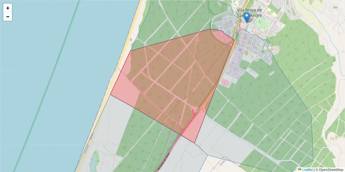 Mapa detalhado do código postal 7500-111 com limites, códigos postais vizinhos e agências dos correios