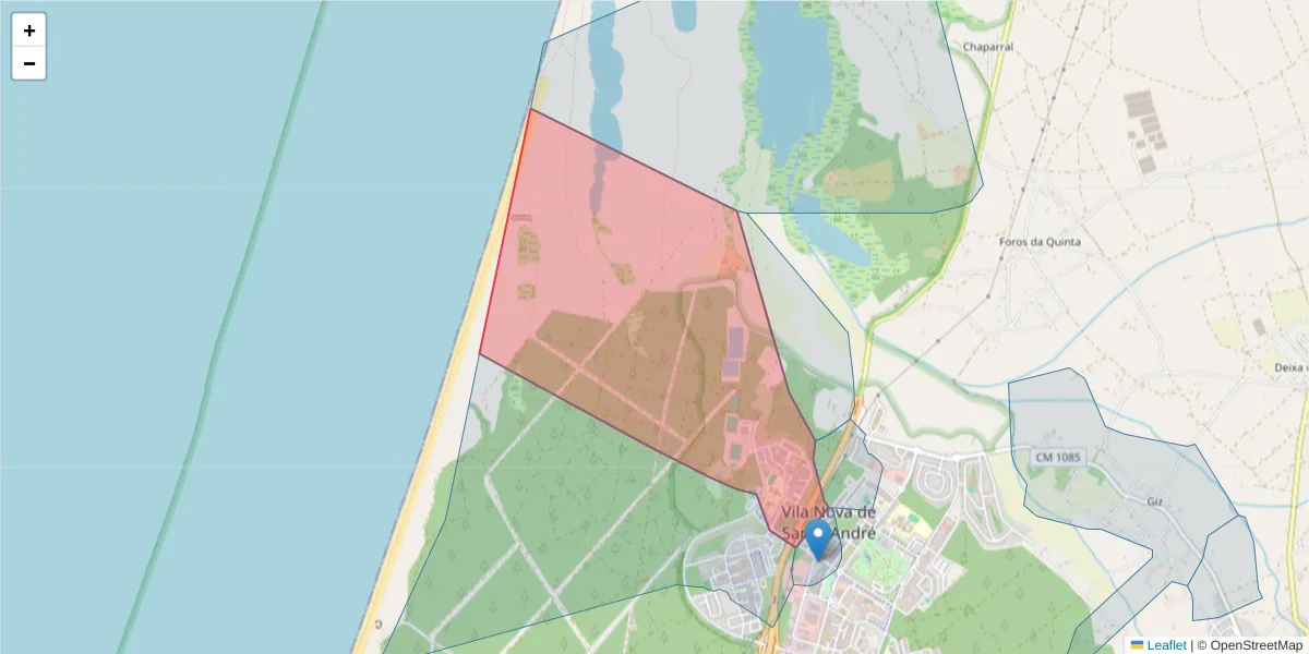 Mapa detalhado do código postal 7500-190 com limites, códigos postais vizinhos e agências dos correios