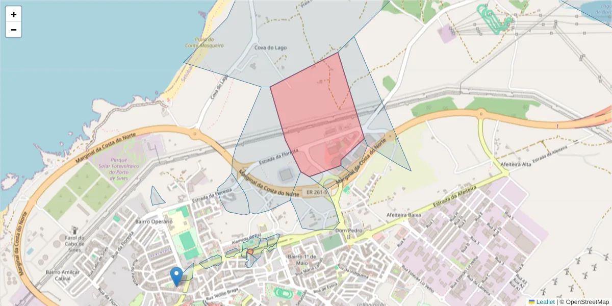 Mapa detalhado do código postal 7520-000 com limites, códigos postais vizinhos e agências dos correios
