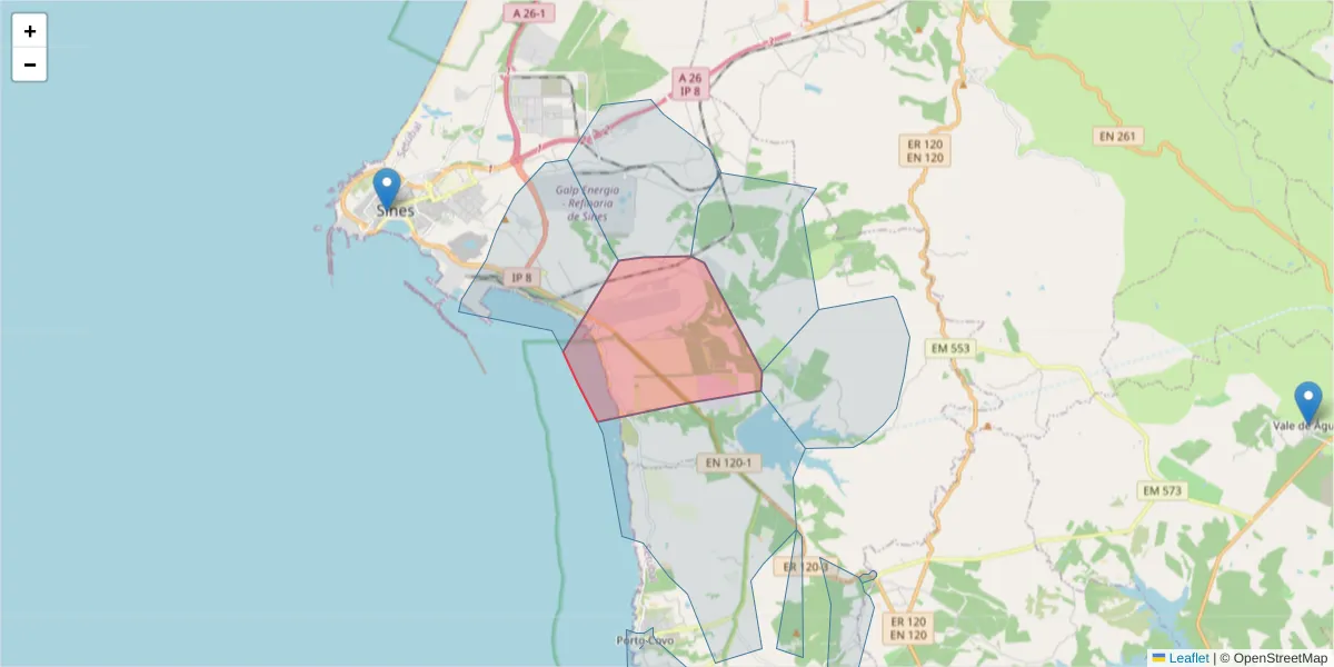Mapa detalhado do código postal 7520-015 com limites, códigos postais vizinhos e agências dos correios