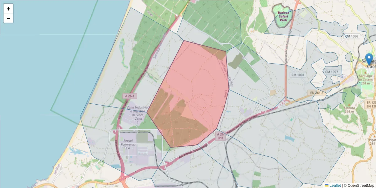 Mapa detalhado do código postal 7520-019 com limites, códigos postais vizinhos e agências dos correios