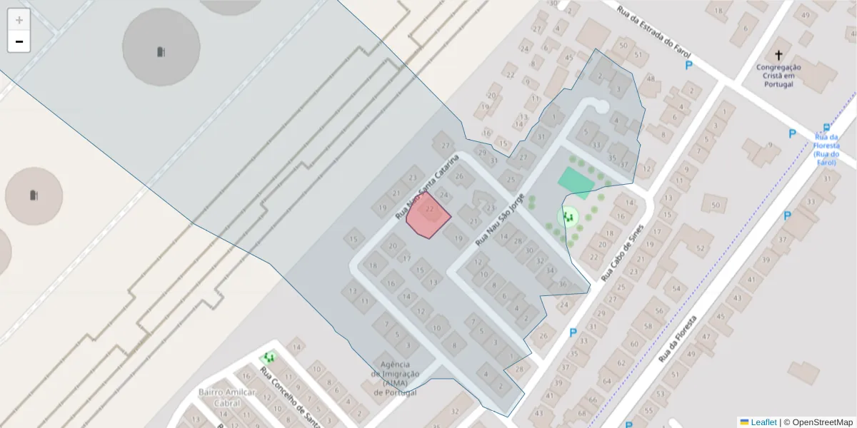 Mapa detalhado do código postal 7520-022 com limites, códigos postais vizinhos e agências dos correios