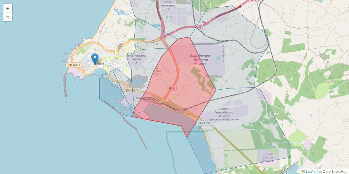 Mapa detalhado do código postal 7520-073 com limites, códigos postais vizinhos e agências dos correios