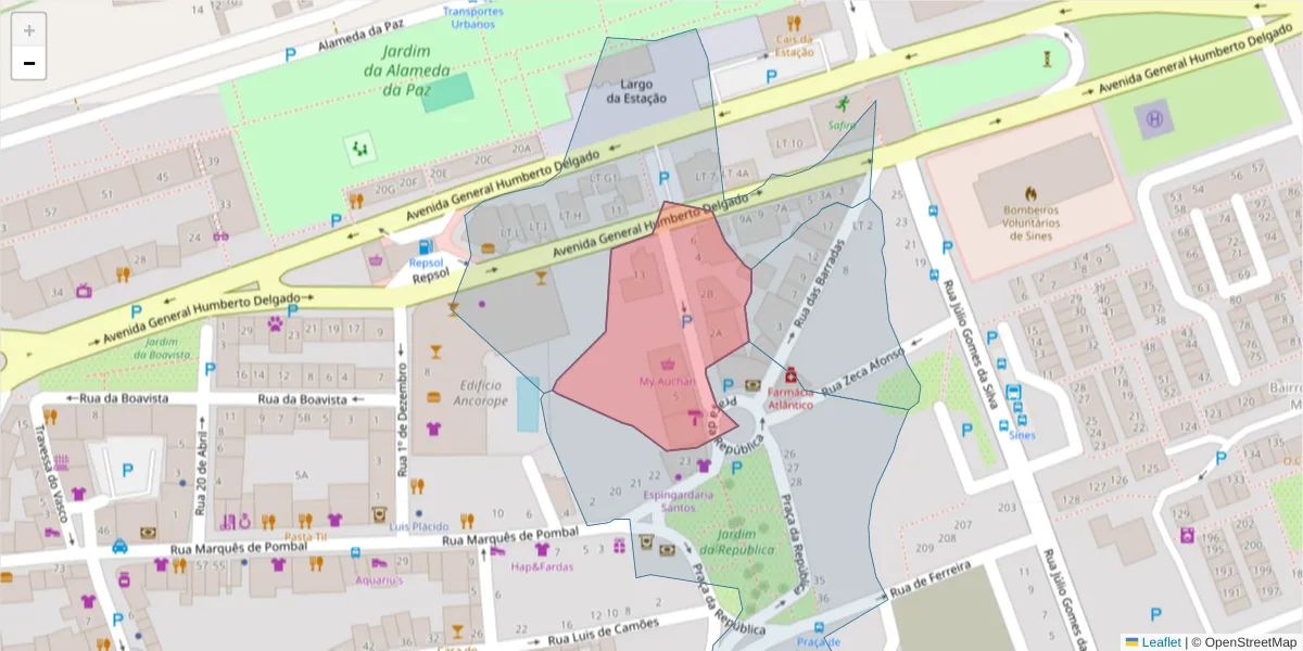 Mapa detalhado do código postal 7520-102 com limites, códigos postais vizinhos e agências dos correios