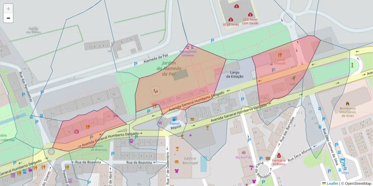 Mapa detalhado do código postal 7520-104 com limites, códigos postais vizinhos e agências dos correios