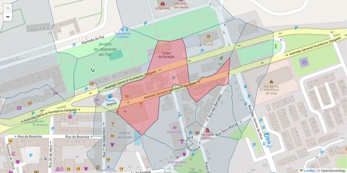 Mapa detalhado do código postal 7520-105 com limites, códigos postais vizinhos e agências dos correios
