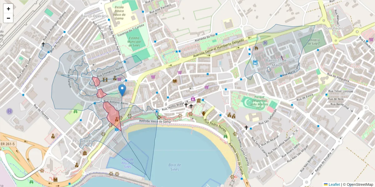 Mapa detalhado do código postal 7520-107 com limites, códigos postais vizinhos e agências dos correios