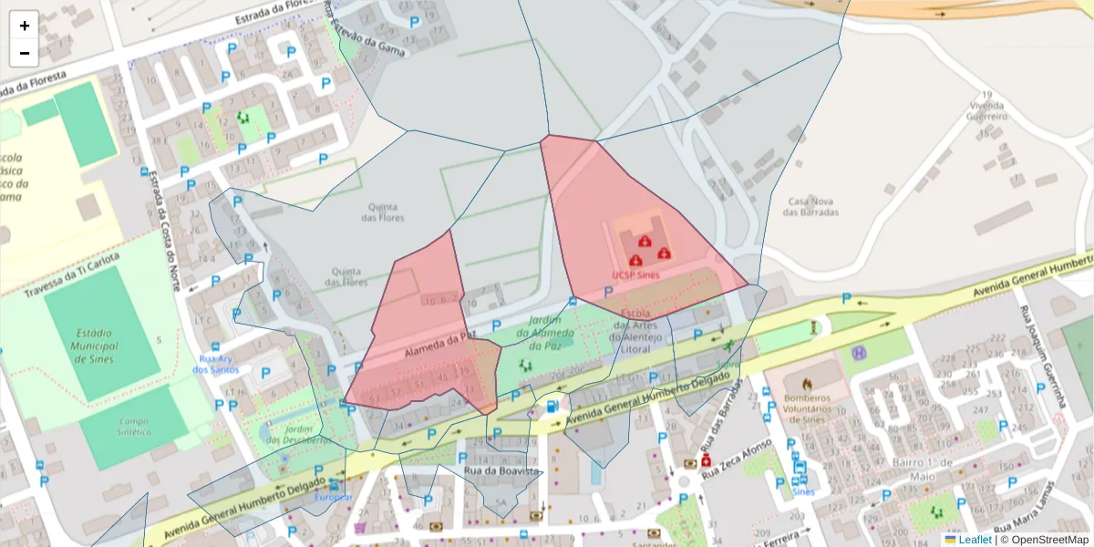 Mapa detalhado do código postal 7520-110 com limites, códigos postais vizinhos e agências dos correios