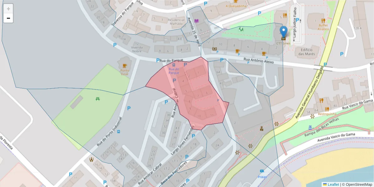 Mapa detalhado do código postal 7520-118 com limites, códigos postais vizinhos e agências dos correios