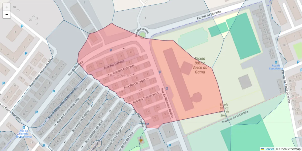 Mapa detalhado do código postal 7520-122 com limites, códigos postais vizinhos e agências dos correios