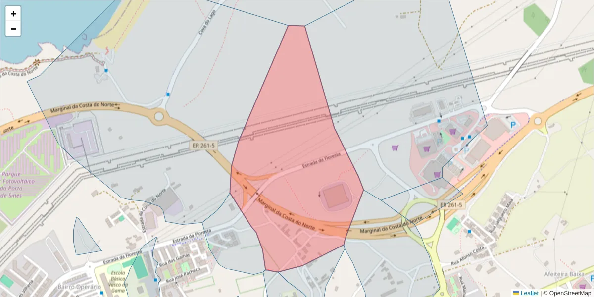 Mapa detalhado do código postal 7520-123 com limites, códigos postais vizinhos e agências dos correios