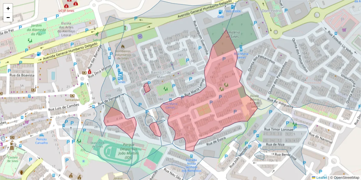 Mapa detalhado do código postal 7520-125 com limites, códigos postais vizinhos e agências dos correios