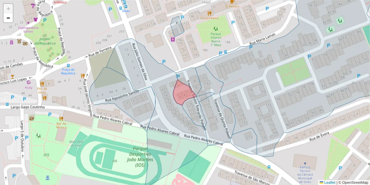 Mapa detalhado do código postal 7520-128 com limites, códigos postais vizinhos e agências dos correios