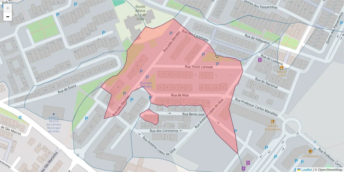 Mapa detalhado do código postal 7520-131 com limites, códigos postais vizinhos e agências dos correios