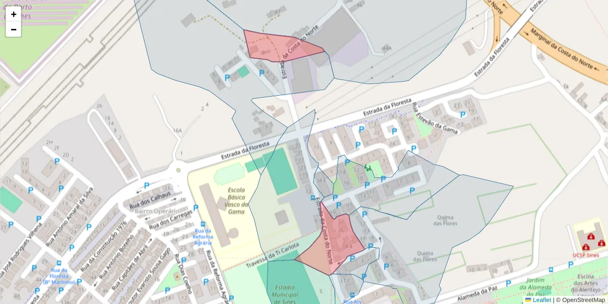 Mapa detalhado do código postal 7520-136 com limites, códigos postais vizinhos e agências dos correios