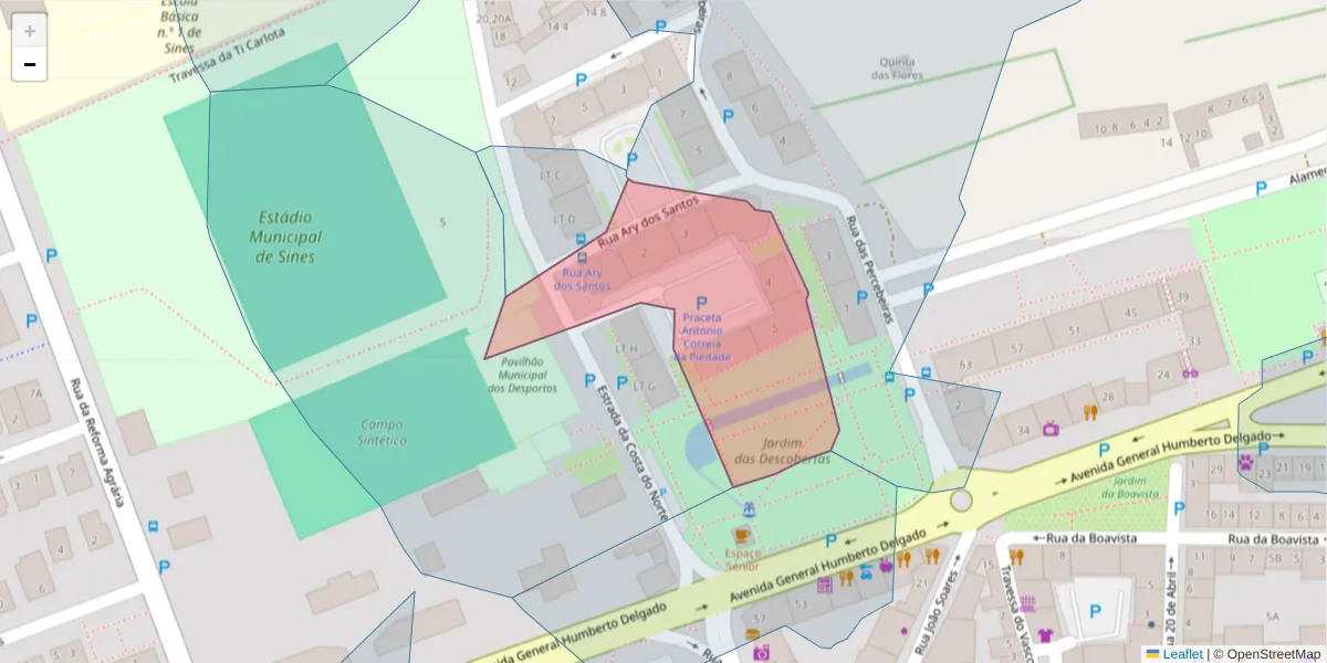 Mapa detalhado do código postal 7520-145 com limites, códigos postais vizinhos e agências dos correios