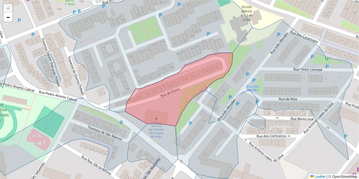 Mapa detalhado do código postal 7520-165 com limites, códigos postais vizinhos e agências dos correios