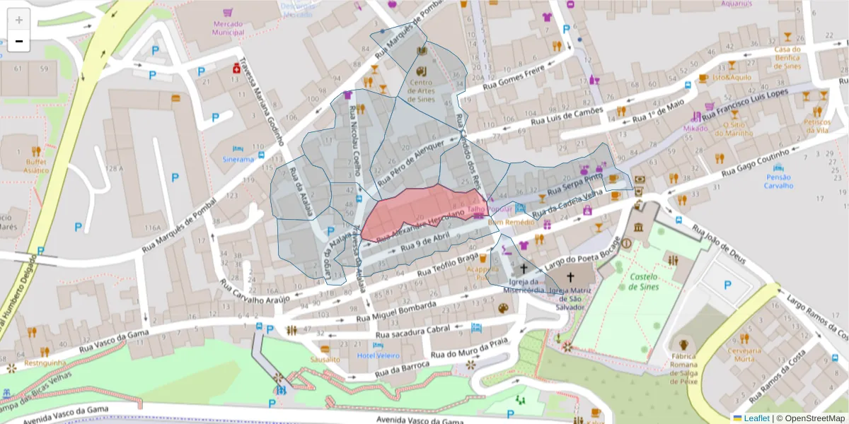 Mapa detalhado do código postal 7520-168 com limites, códigos postais vizinhos e agências dos correios
