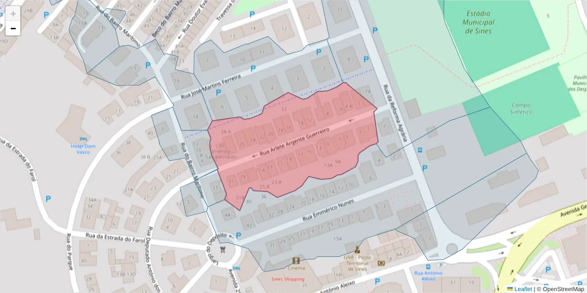 Mapa detalhado do código postal 7520-175 com limites, códigos postais vizinhos e agências dos correios