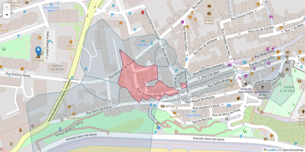 Mapa detalhado do código postal 7520-178 com limites, códigos postais vizinhos e agências dos correios