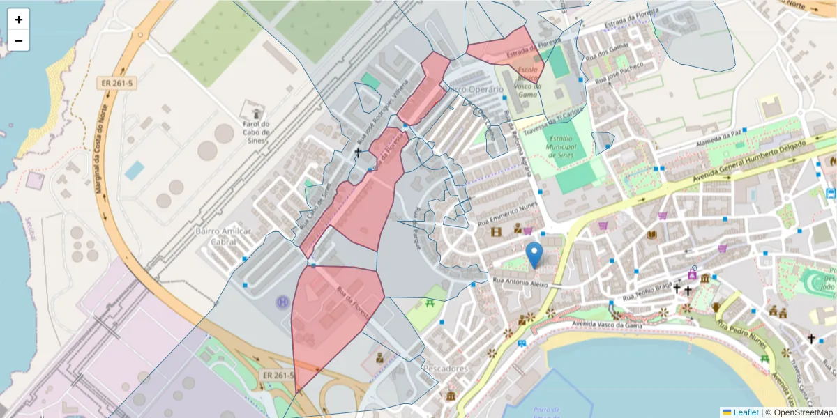 Mapa detalhado do código postal 7520-187 com limites, códigos postais vizinhos e agências dos correios