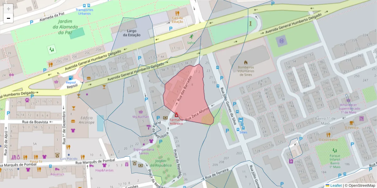 Mapa detalhado do código postal 7520-191 com limites, códigos postais vizinhos e agências dos correios