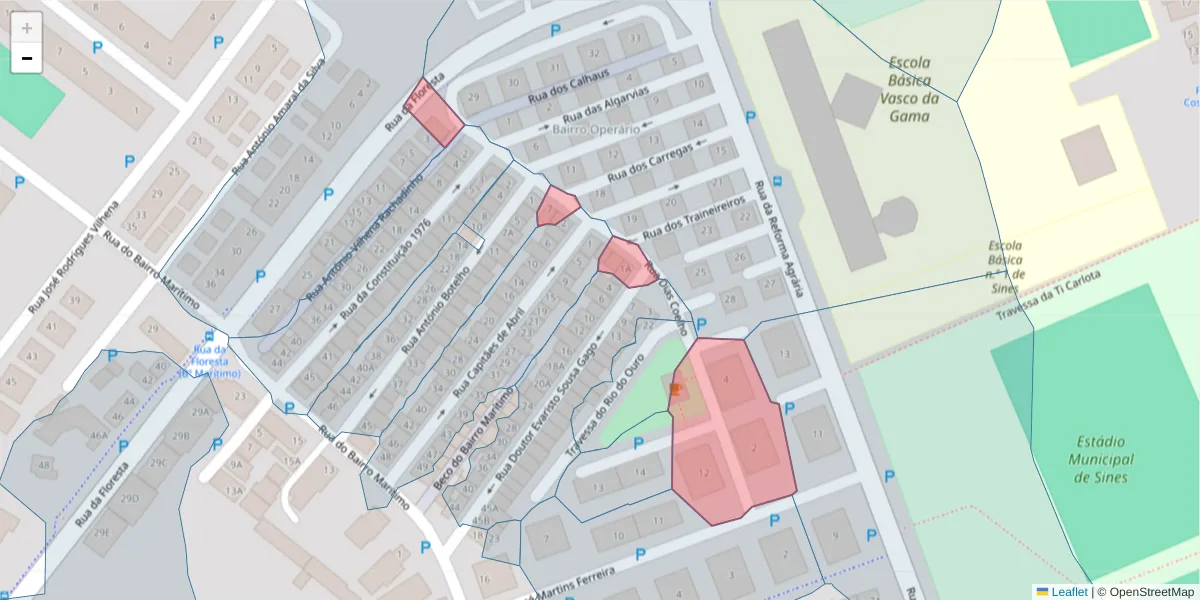 Mapa detalhado do código postal 7520-198 com limites, códigos postais vizinhos e agências dos correios