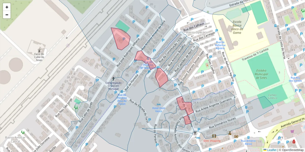Mapa detalhado do código postal 7520-199 com limites, códigos postais vizinhos e agências dos correios